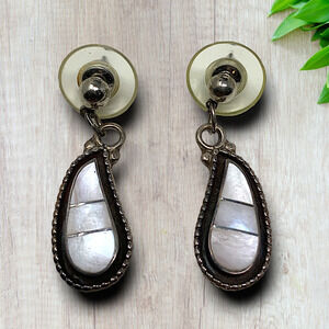 Vintage Sterling Silver & Mother of Pearl Dishta Style Dangle Earrings Signed DL